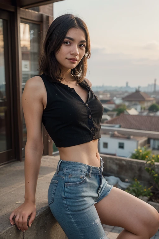 Girl taiwan in crop top t-shirt and tight denim skirt posing for photo, full body, with cropped T-shirt, bra, choker black, slim body, smaller bust, slim girl model, 24-year-old female model, lying on the construction site.