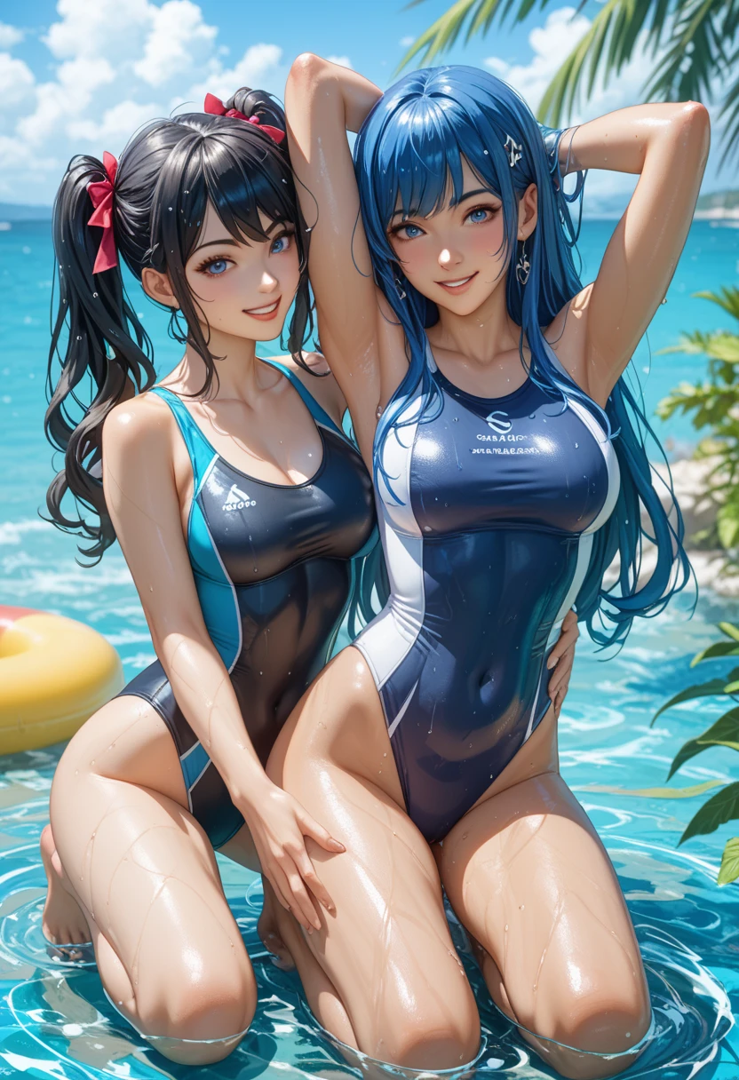 ((Highest quality、masterpiece、8K、Realistic、超High resolution、Very delicate and beautiful:1.4、High resolution、Cinema Lighting、Realistic style, Vibrant colors, High Contrast, Sharp details:1.6, 8K resolution)), ((Three young women having fun playing in the blue sea:1.8)), sunny summer day, White sand beach, Turquoise Sea, Transparent waves, sunlight reflected on the water surface, (Women in swimsuits, One person is wearing a red bikini, One of them is wearing a white one-piece swimsuit, The other is in a blue tankini, Smiling and splashing water), ((One has a long blonde ponytail, One of them has short black bob hair., The other has curly brown hair.)):1.6, A small island can be seen in the distance, Palm tree, Beach ball