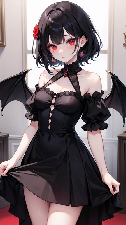 absurdres, RAW photo, extremely delicate and beautiful, masterpiece, Best Quality, ultra high resolution, 32k, hyperrealistic, ultra-detailed, delicate facial features, beautiful detailed woman, tearful mole, earring, medium breasts, full body shot, medium hair, black hair, whole body, Gothic dress, vampire,