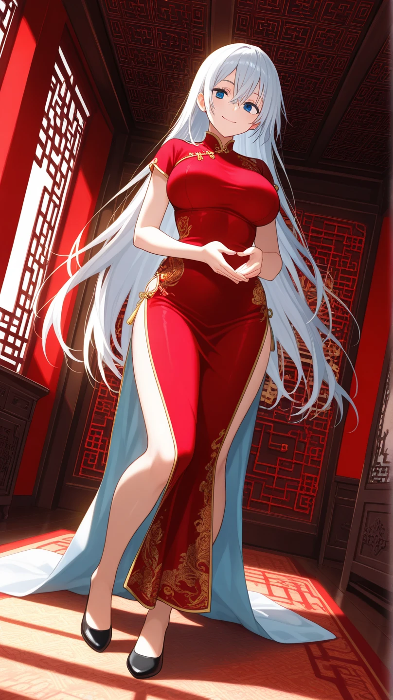 Silver Hair Red Eye beautiful girl Big Breasts Cat ear China dress Anatomically correct smile