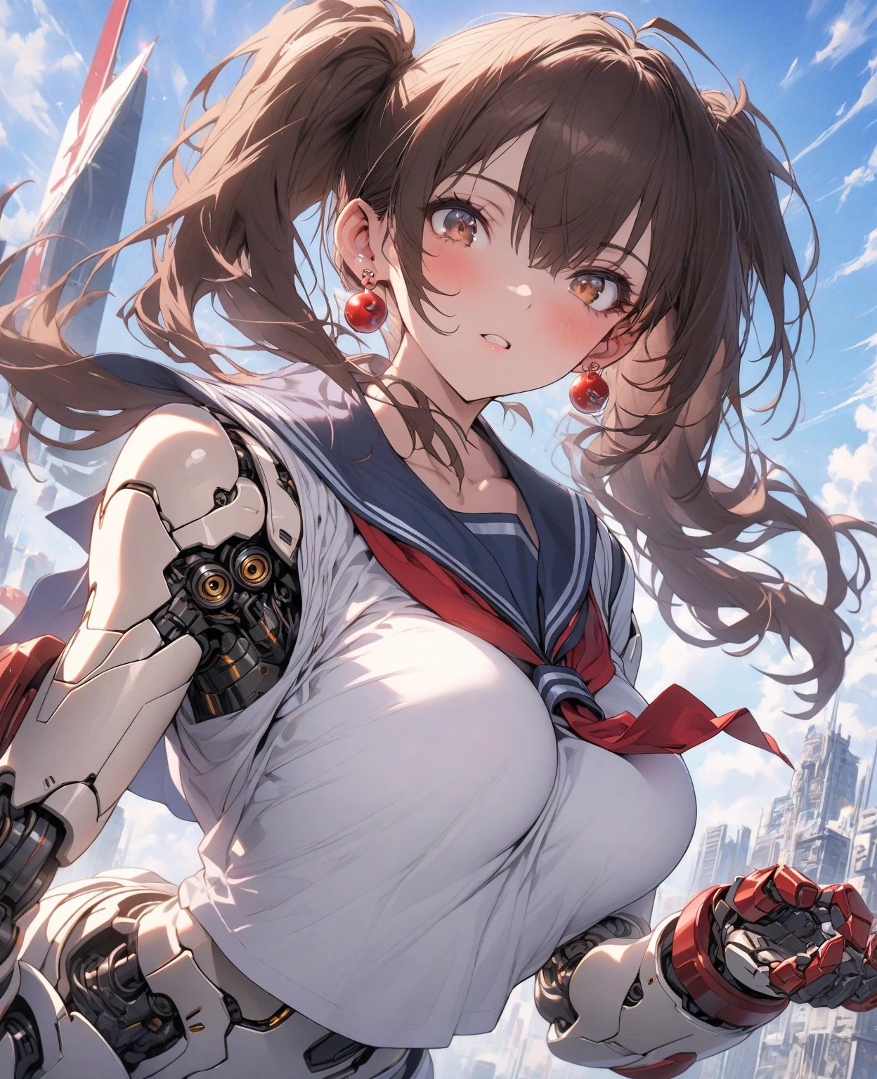 2D Anime Style、Beautiful and shining eyes,Large breasts、Bronze Short Hair、Bodysuits、Dynamic Angle、Floating in the air、flying
