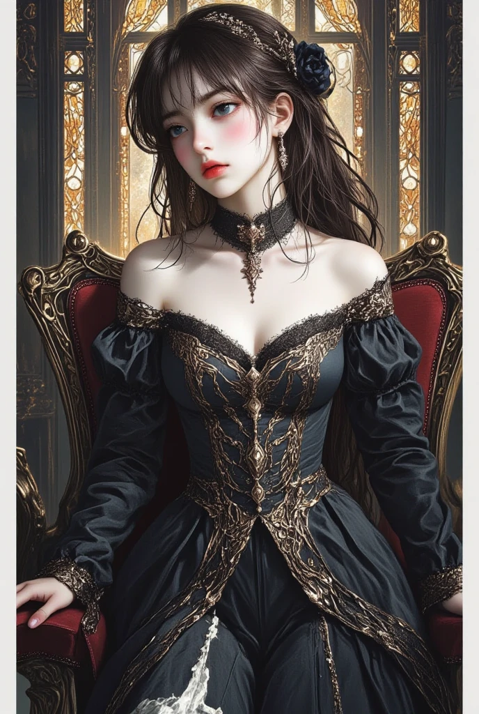 (Pure Color: 0.9), (Color: 1.1), (Masterpiece: 1,2), Top Quality, Masterpiece, High Resolution, Original, Highly Detailed Wallpaper, Beauty, Victorian, Dress, Melancholy, Big Breasts, Sepia Color, 40 years old --auto --s2