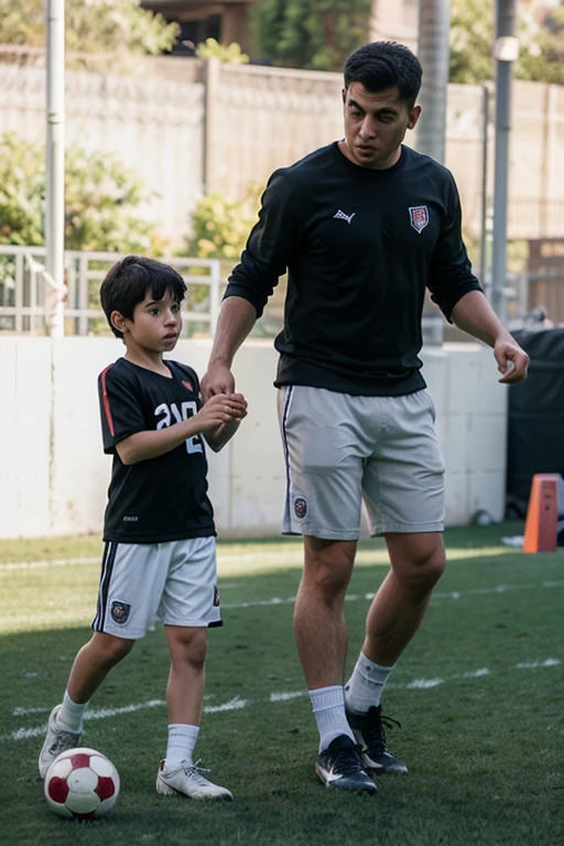 Wholesome realistic art. Dad and 5-year old son playing soccer outside with reavealing bulging uniform. Short grass and muscular dad body. Clear sky and skinny lean boy body. Sweaty and tan skin.