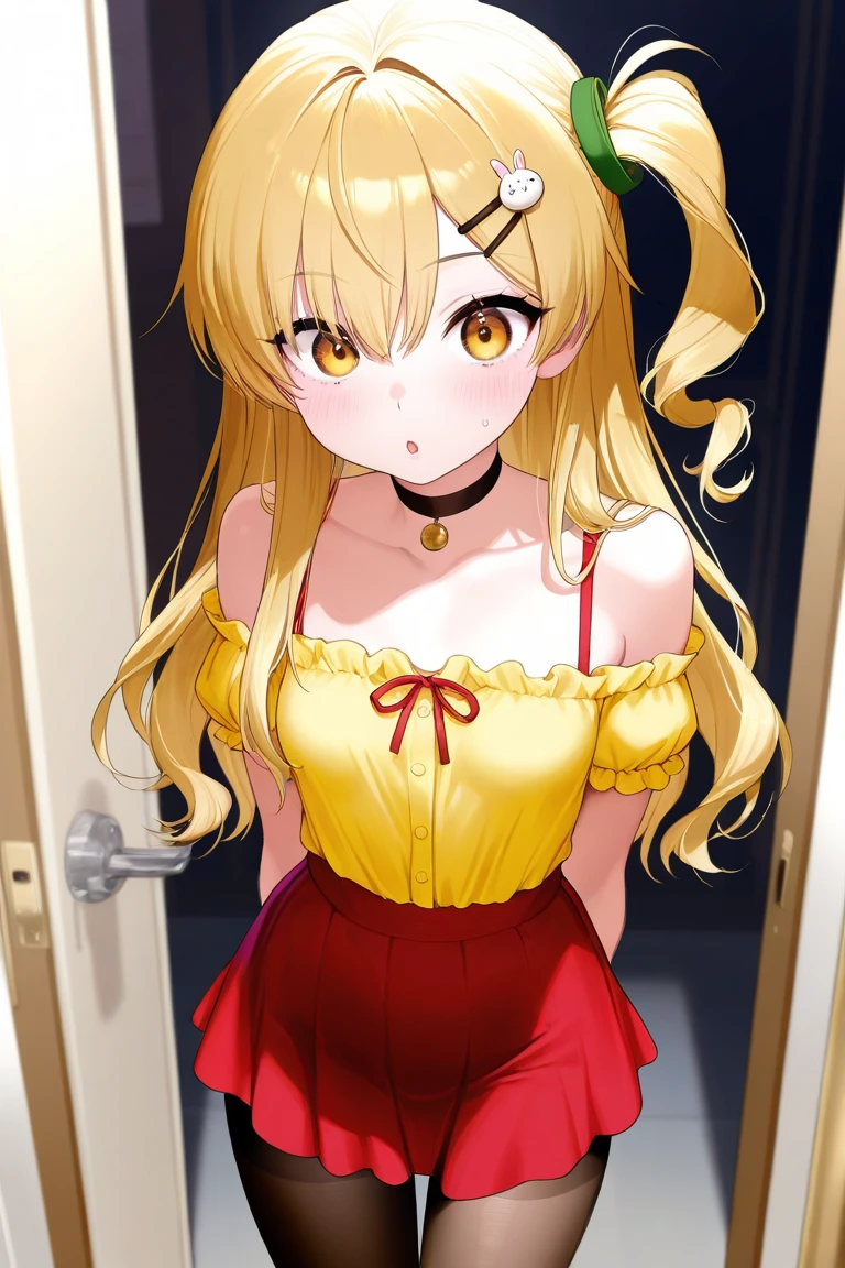 RED_Ribbon_on_HAIR_band,warm light, from below, upper body, ((cute girl, baby face, slender, Blonde hair, red eyes)), cleavage, collarbone, large breast, naked_overalls, no expression, half closed eyes, hands between legs