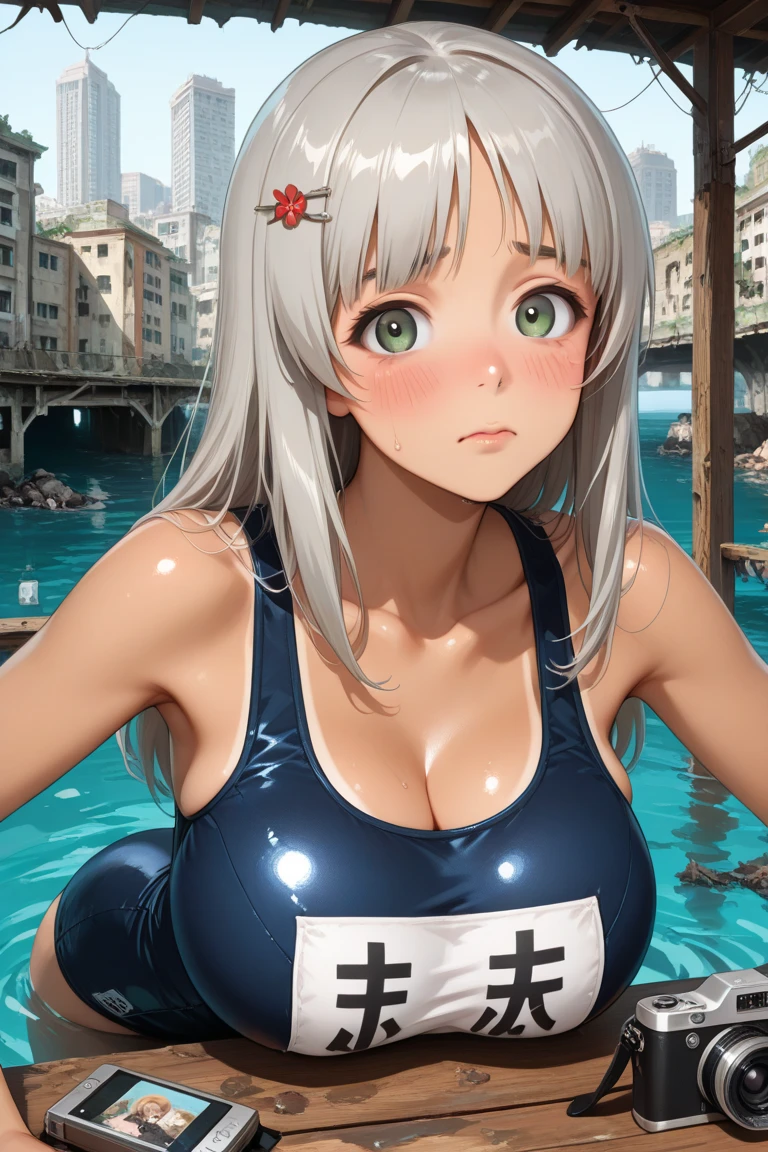 ultra - detailed, 1 plump girl, 1 medium breast, Long gray hair, face flushed, direct, parking lot, Leaning forward, face flushed, Side Body, tmasterpiece, Best quality swimsuit,Very shy
