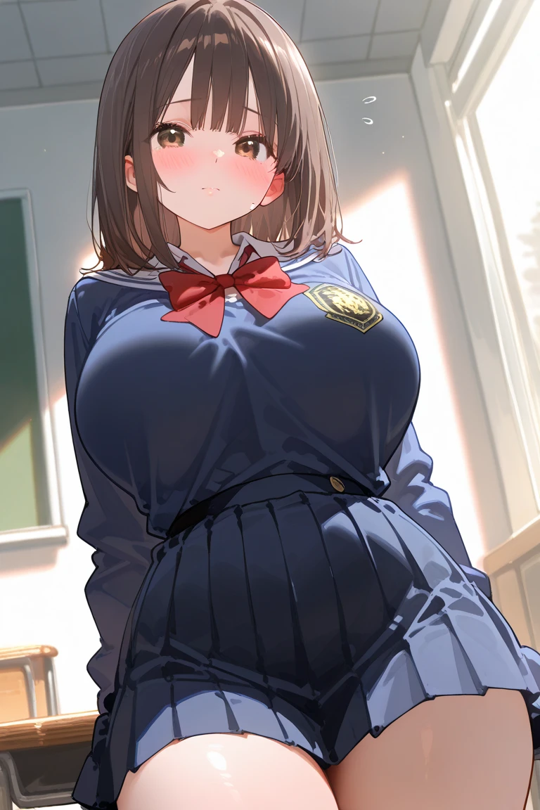 high quality,masterpiece。Cute brown-haired woman,high school girl,The hairstyle is short hair,bob cut。She stands upright with her face and body facing the viewer,true identity。her hands are empty,Both hands are not posed。she looks tall。Her breasts are huge and very big,Good style。she is smiling with a cute face,Both eye colors are green。Clothes: dark blue school uniform,navy blue blazer,navy blue skirt。black stockings on both legs。she is standing,The place I'm standing is the classroom。