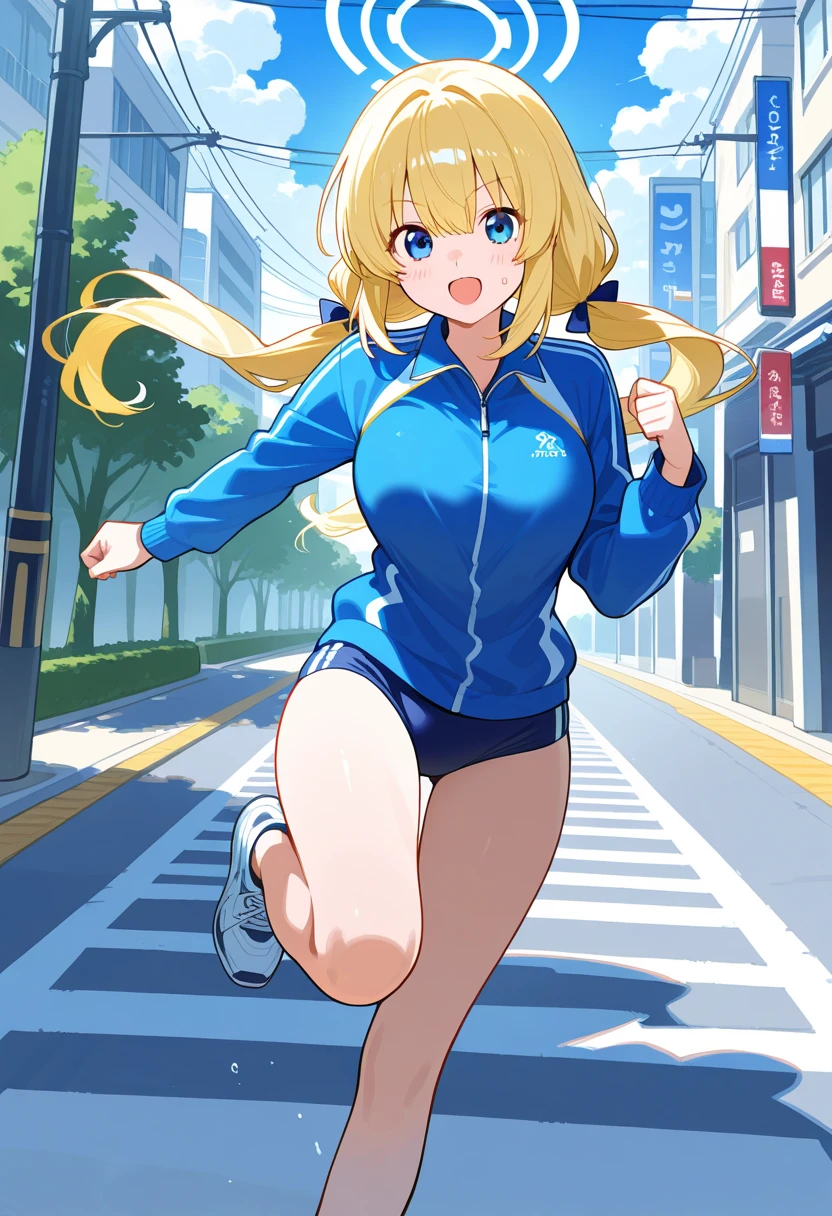 (masterpiece:1.2, best quality), (highly detailed), 1girl, 15yo girl, teen, long legs, long hair, blonde, (white panties), (blue sonic the hedgehog hoodie), red sneakers, running, smile, gym, Original Character, , Best Shadows, (Highest Quality, Amazing Details:1.25),