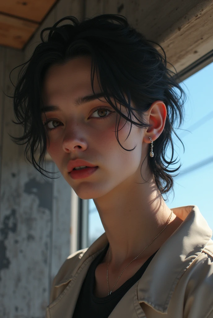 best qualityer, work of art, super high resolution, a photo of a boy, curled hair, bangss, blackquality hair, fleshy lips, skin fair, black clothing