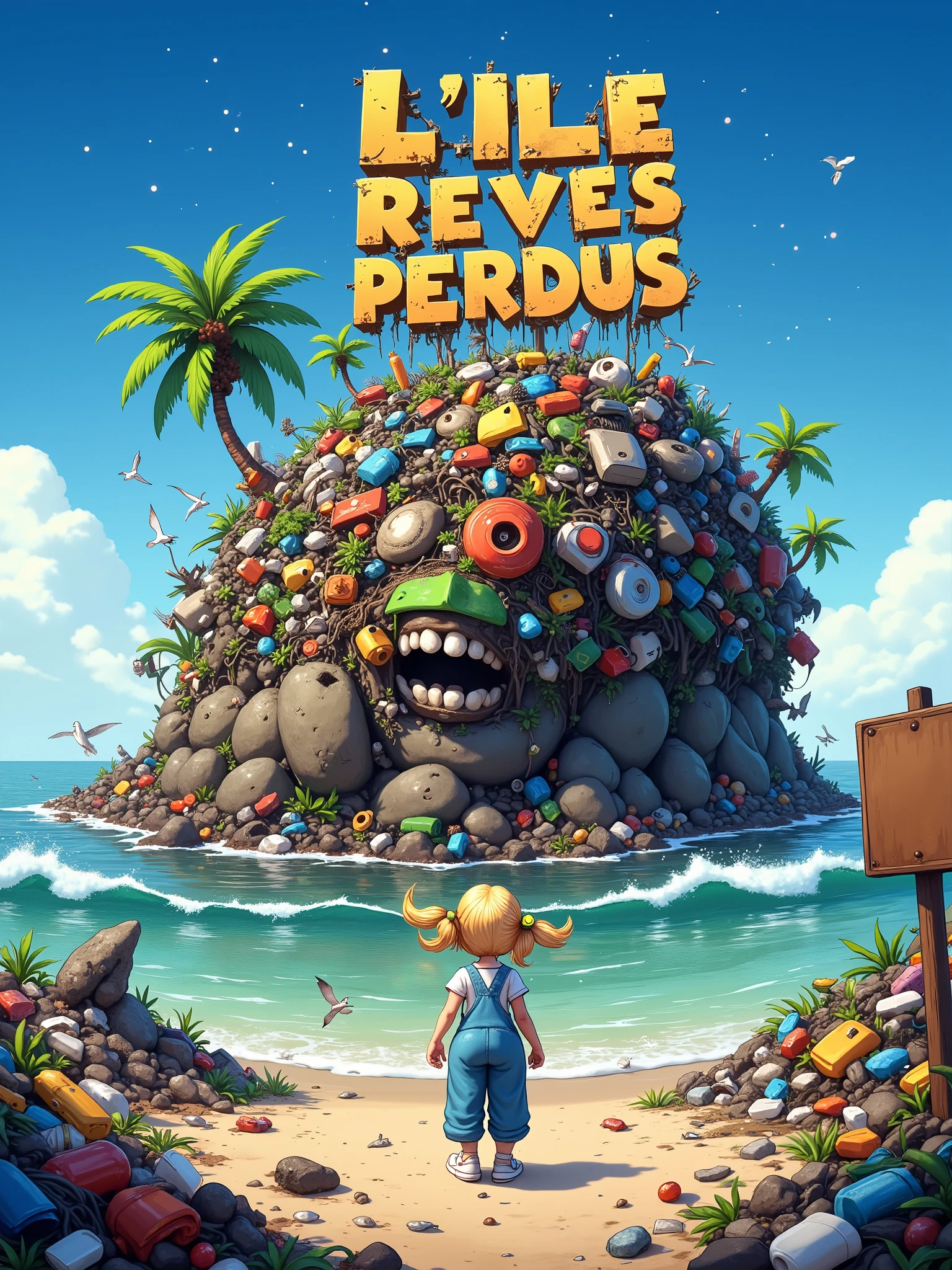 Illustration poster featuring the title: “L'ILE des REVES PERDUS” made in recycled waste and damaged letters in a grunge bold font, this title on top of polluted island hill made of colored trash, with only one palm tree. This island is a friendly creature head with a smile. A dirty polluted ocean filled with black oil, fishing nets, plastic bottles, bags, cardboards, boxes, electronic devices, broken stuffs, screens, miscellaneous equipment, seaweeds and cans floating on water with dirty waves, there’s a shoal of fish in the sea. A girl seen from behind, long blonde hair pig tails with a banana peel on her head, wearing a white t-shirt under her overalls long pants, and white Converse shoes, she's standing at the left of the picture with her hands on her hips on a filthy path beach leading to this island littered with rubbish and wires, at the right of the beach there is a big old rusty blank sign. We can see a mermaid tail in the garbage. Very joyful and colorful scene, in a Sunset lighting mood, backlight, clear blue sky and stars. Little seagulls. Dreamlike fantasy