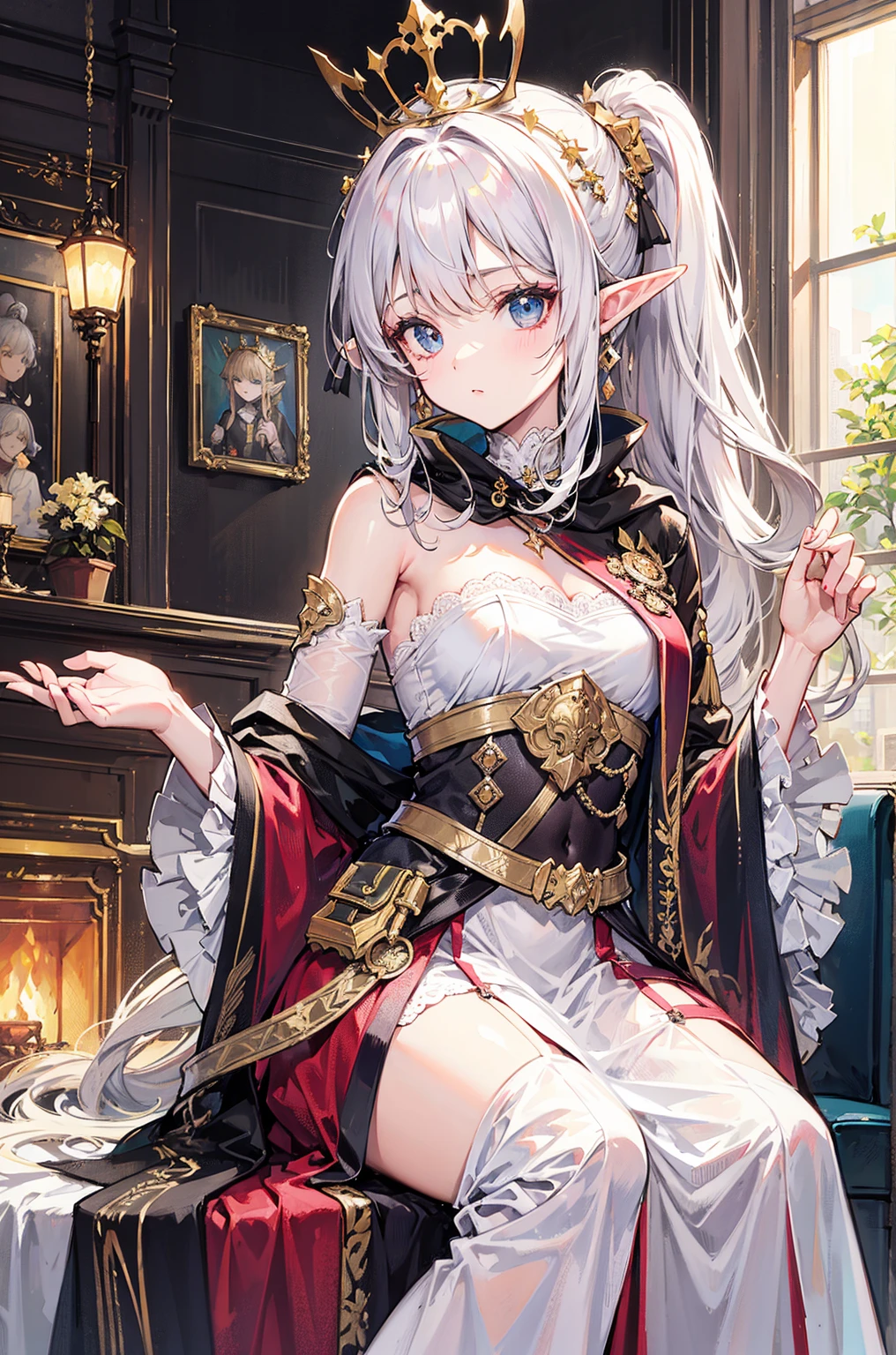 ((Put your hands on your chest)), ((surprised)), ((Looking down)), (blush), 1girl, Elf, Silver hair, Red eyes, Braids, Bowed hair, Fantasy style costume, Wizard, Ruffles, Robes, Long skirt, Tights, Black cloak, Japanese-style room, Tatami mats, Kneeling, Concept art, Beautiful anime scene, Beautiful anime scenery, ((Masterpiece))