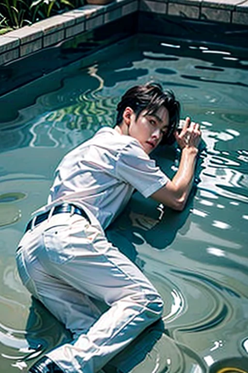 there is a man in the water with a white shirt, cai xukun, closeup fantasy with water magic, toru furuya, keisuke goto, key still, sanji, editorial photograph, jimin, closeup portrait shot, shinji, ji-min, glossy from rain, inspired by Bian Shoumin, in water, sitting in his throne underwater