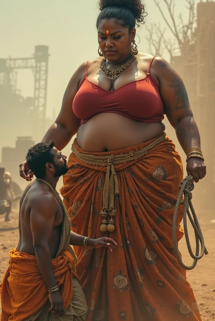 Beautiful Typical indian village ragpicker young woman carrying a large chubby man on her head nearby a river 