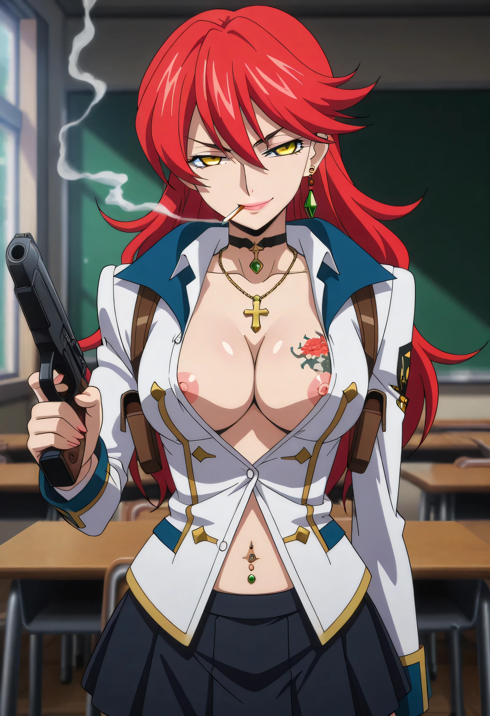 1girl,solo,mm,mature female,long hair, red hair,yellow eyes,single earring,,anime coloring,
,masterpiece,best quality,amazing quality,ear piercing, long hair, , lipstick,Hot girl, baddie, smoking, sensual, attractive ,cross necklace, choker, masterpiece, best quality, ((unbuttoned school uniform, cleavage, necklace, earrings,
body,nipple slip, )) , micro skirt, smiling, navel , exposed belly, exposed navel,
() not safe for work,school, classroom , hold a gun,knot, holding
pistol,navel piercing ,blazer , shoulder holster,, medium ,looking at viewer , dragon tattoo on waist, narrowed eyes, tattoo on waist, anipai_style , anime screencap , anime coloring, v-shape eyebrows,