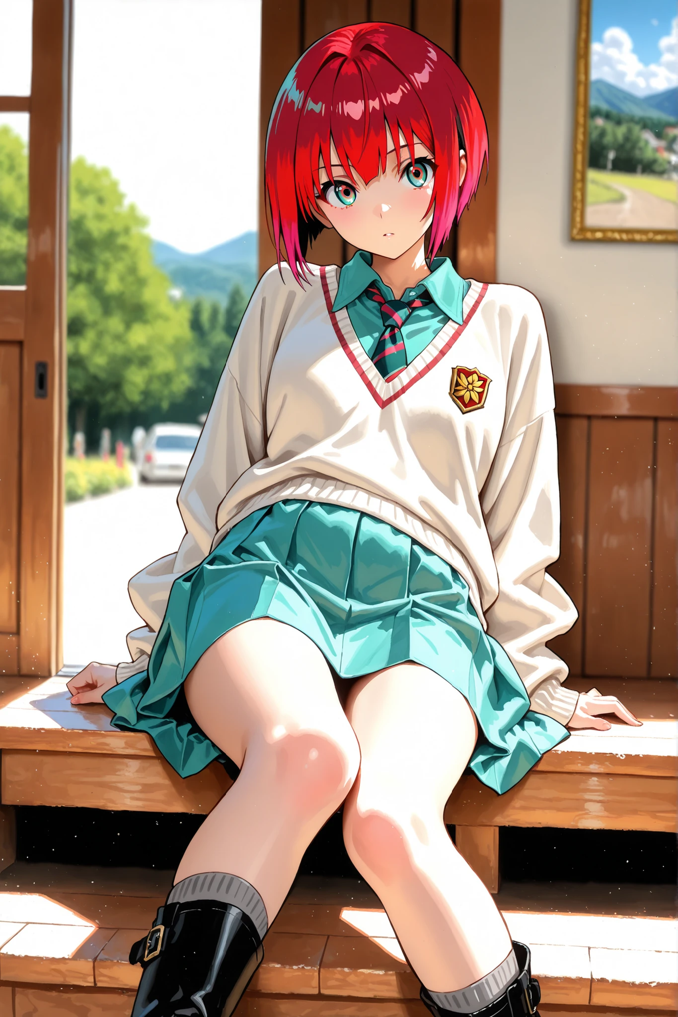 1girl, amate yuzuriha,short hair,red hair,multicolored hair,aqua eyes,multicolored eyes,aqua shirt,striped necktie,white sweater,aqua skirt,grey socks,black boots, depth of field, fake traditional media, Picturesque, Impressionism, masterpiece, high score, Great score , very high resolution highlights (masterpiece) 、 (Best Quality)) 、 (Super Detailed) , beautiful girl , Beautiful detailed face ,perfect 5 fingers , perfect human structure , Perfect Anatomy ,beautiful light effect,beautiful light effect,