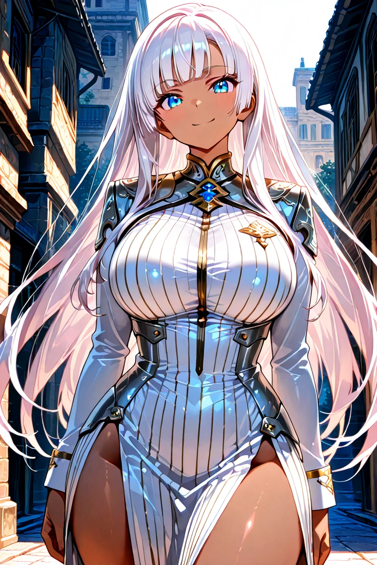 Woman knight、a beauty girl、huge tit、Excellent style、Nice Buddy、glamorous、leotard、s Armor、Shoulder rest armor、Bra chest armor、knee boots、gauntlets、hair adornments、silber hair、Longhaire、Ahoge、is standing、full body seen 、Medieval city、Walking、slightly open mouth、a smile、