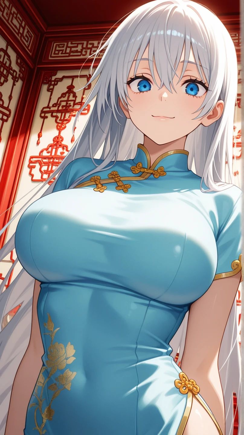 score_9, score_8_up, source_アニメ,アニメ style,Silver Hair,Yellow Eyes,blunt bangs,ponytail,tall,cool eye,Beautiful breasts,((1girl)),shiny skin,front open,Pussy juice,Long Breasts,Massive bukkake,Expressionless,Facial,Heavy breathing,Taunt,bbc,China dress,Breast bag