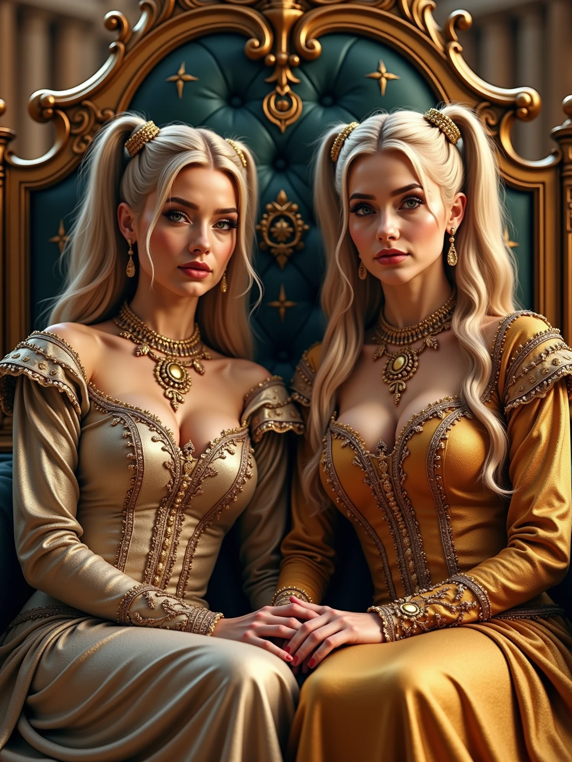 Queen, high details, high elf, blonde, white girl, teen, young girl, golden dress, royal Court, precious dress, elegant dress, royal dress, smiling, blue eyes.