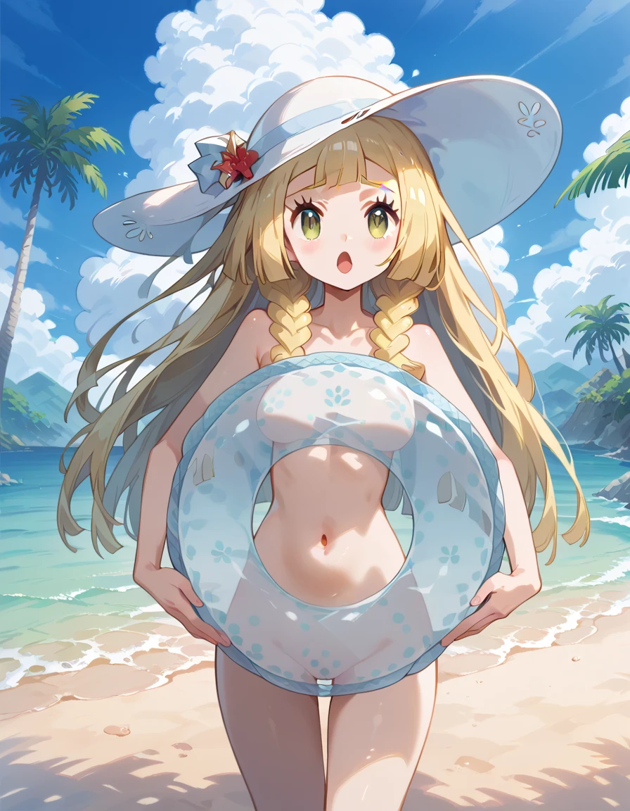1girl, bikini, side-tie bikini bottom, ass,, masterpiece, best quality, highly detailed, long blonde hair, green eyes, white hat