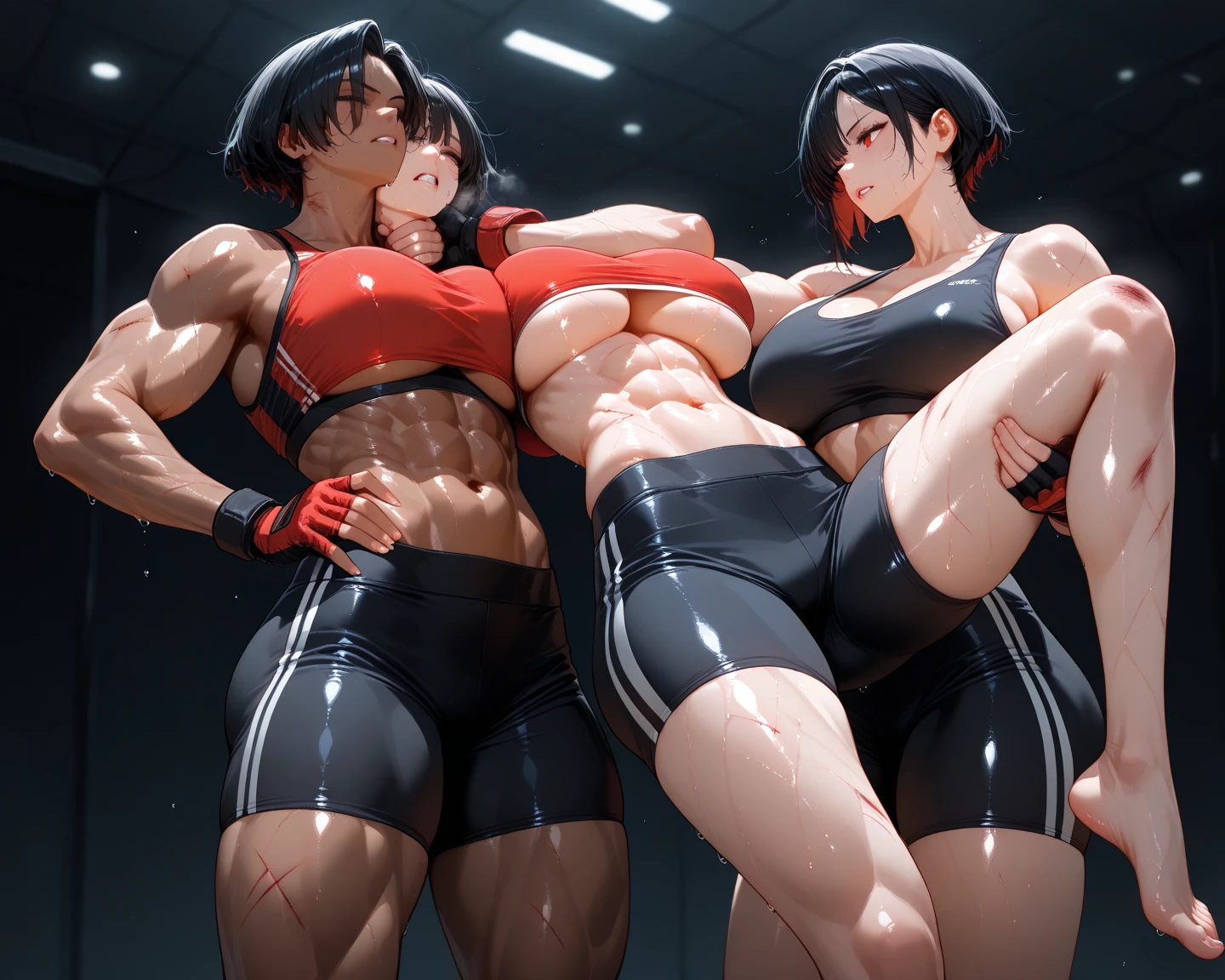 NSFW , Versus Fantasy penis monster , Fullbody shot , Female boxing, Wear Monokini , So huge breasts.