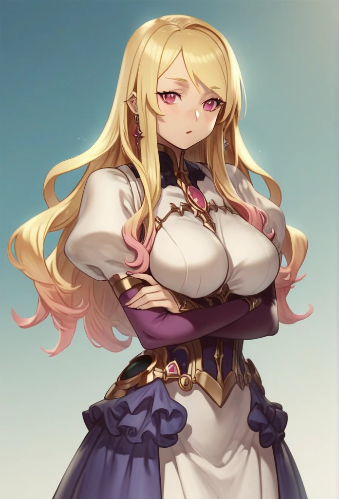 masterpiece,best quality,kim_kwang_hyun, 1girl, Yang Xiao Long, solo, long curly hair, huge breasts, looking at viewer, blue eyes, yellow-green hair, bangs, large big breasts, long sleeves, dress, cleavage, closed mouth, weapon, puffy sleeves, arm up, clothing cutout, copyright name, red dress, cleavage cutout, juliet sleeves , power armor, shoulder armor, curly hair,yellow eyes