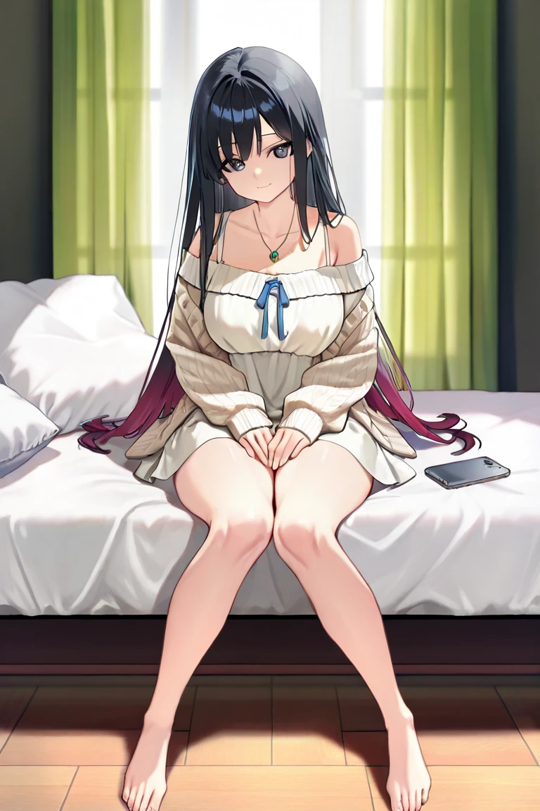 (high quality), (high resolution), (high quality), (masterpiece), (detailed), (araragi tsukihi), One girl, looking at viewer,, hair ornaments, egg hair ornaments, inery long hair, Parted bangs, Ahoge, smile, Open your mouth, (Body Towel: 1.2), indoors, living room, on the couch, dutch angle
