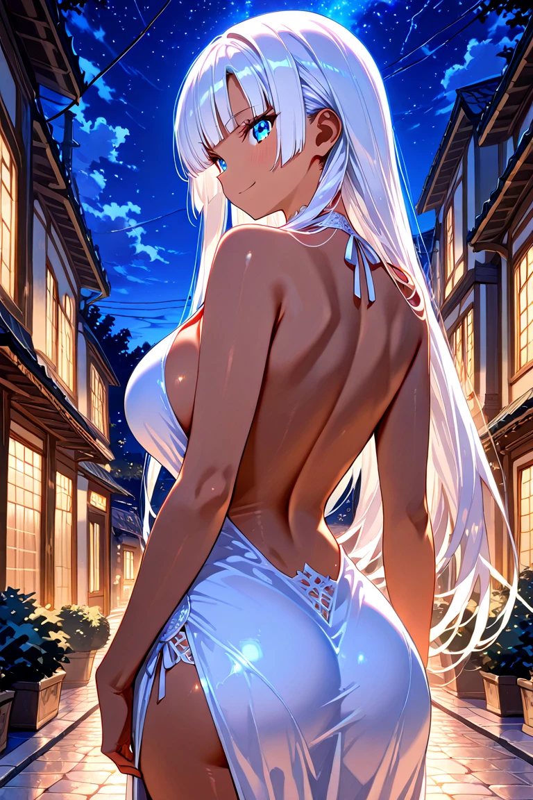 (NSFW:1.5) 、Very detailed、highest quality、Best image quality、masterpiece、8k、Anime Face、(Gentle Eyes)、(Open Mouth)、(Blonde medium-long hair)、(Sparkling Blue Eyes)、(SFW Giant:1.5)、(Thong:1.5)、(Turn your back and look back:1.5)