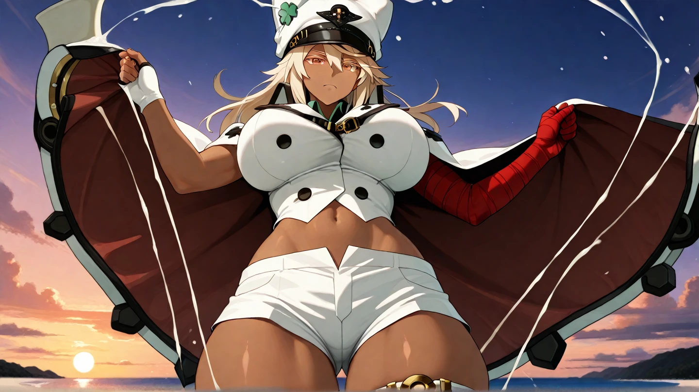 (masterpiece:1.2),Detailed explanation, Awards, high quality, High resolution, HD, 4K,8K,high quality,(professional illustration:1.1),large breasts,(Chewy breasts,tender breasts:1.3),close up face,Thighs focus,Ramlethal Valentine,Guilty Gear,dark skin,shorts,Cape,Hood Cap,white hair,(loli),from below
