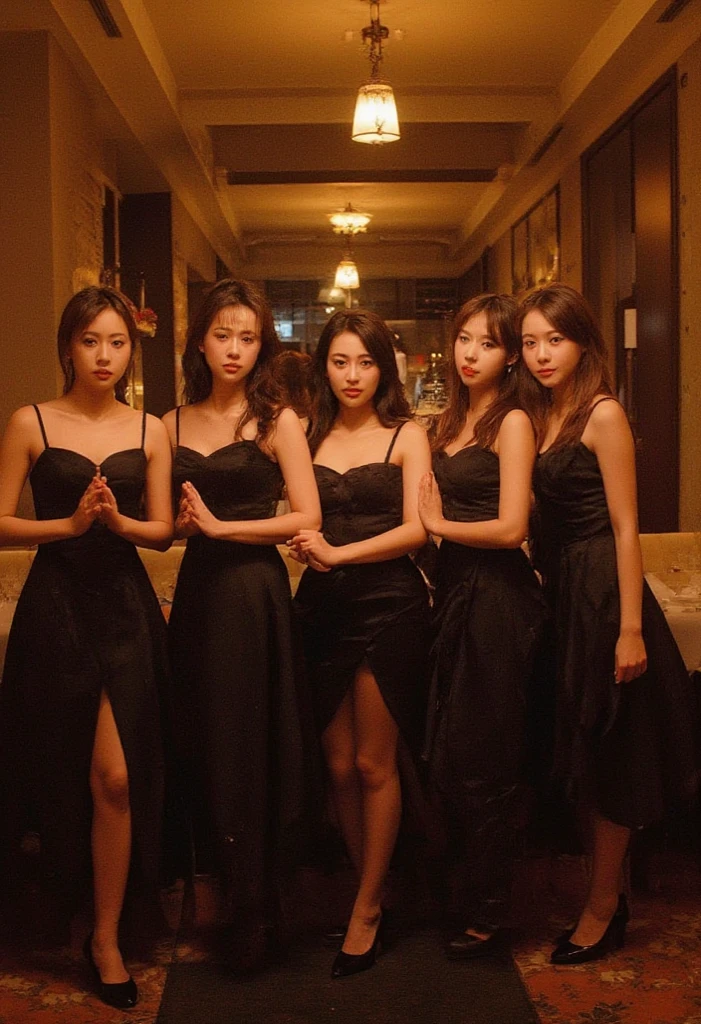 I'm taking photos for a new concept album. Create a concept photo of a girl group sitting around a luxurious banquet table