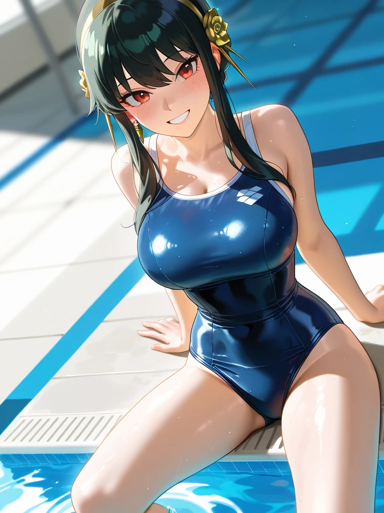 NSFW、swimming pool、Seen by everyone、A woman with an erect penis pointing upwards between her legs、One piece swimsuit、オナニーしてペニスから、Ecstasy face、Ecstasy、Highest quality、Beautiful Face、、Squirting、