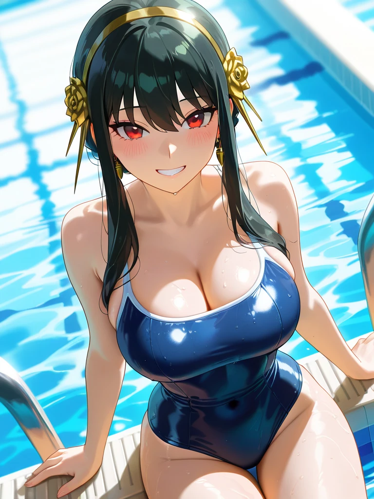 super high quality、highest quality、Realistic woman、Watching the audience、Japanese women、45-year-old woman、Married women、Voluptuous body、smile、belly button、Black Hair、length、Glowing Skin、High gloss skin、Huge front chest decoration、 Standing、(hot spring:1.5)、 (Random color shiny metallic swimsuit, Swimsuit),