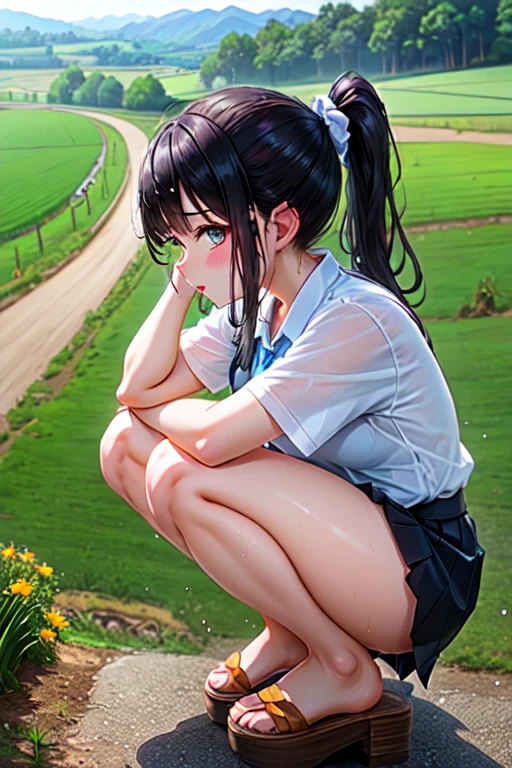 (round face), eyes with realistic sizing, drooping eyes, blush, sweat, shame, pleated skirt, ribbon, (ecstasy face, lewd girl), (spread legs, standing and straddling to hit her crotch against a vibrating grass trimmer, masturbating with complete concentration, pubic hair, orgasm), braid, sneakers, angle from below,