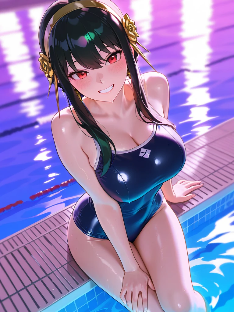 Colorful one-piece swimsuit　Black hair semi-long hair　Great style　blush　Quite embarrassing　Poolside