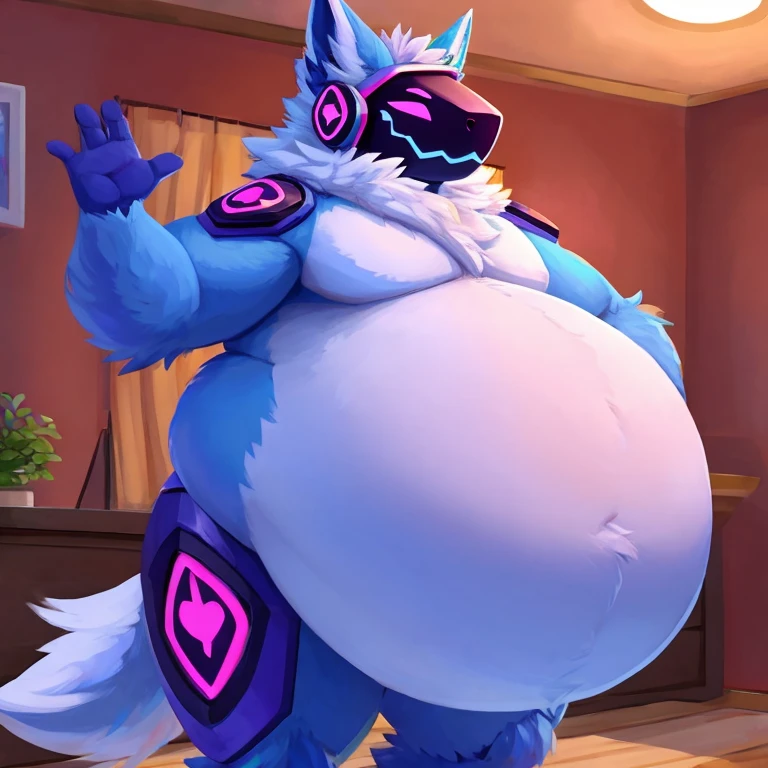 muscular Female Protogen wearing gym clothing, has white fur, has red mechnical parts, has purple eyes, fat, overweight, massive belly, vore, large stomach