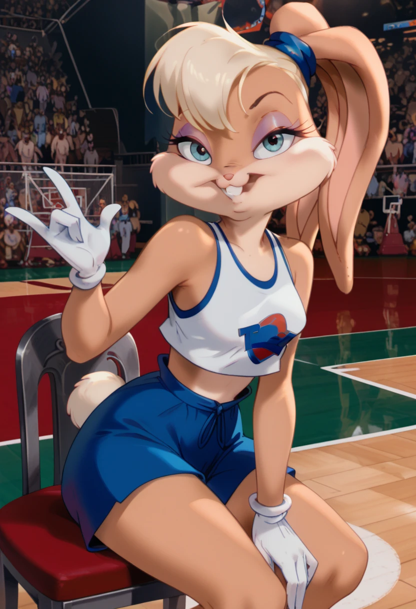 lolabunny
furry, white shorts, white gloves, tank top, sportswear
animal nose, cartoon style, holds the anchor with his hands, I would like two images collide a giant anchor with Lola bunny holding on to it like a stripper pole. Full body, you can see your ass
