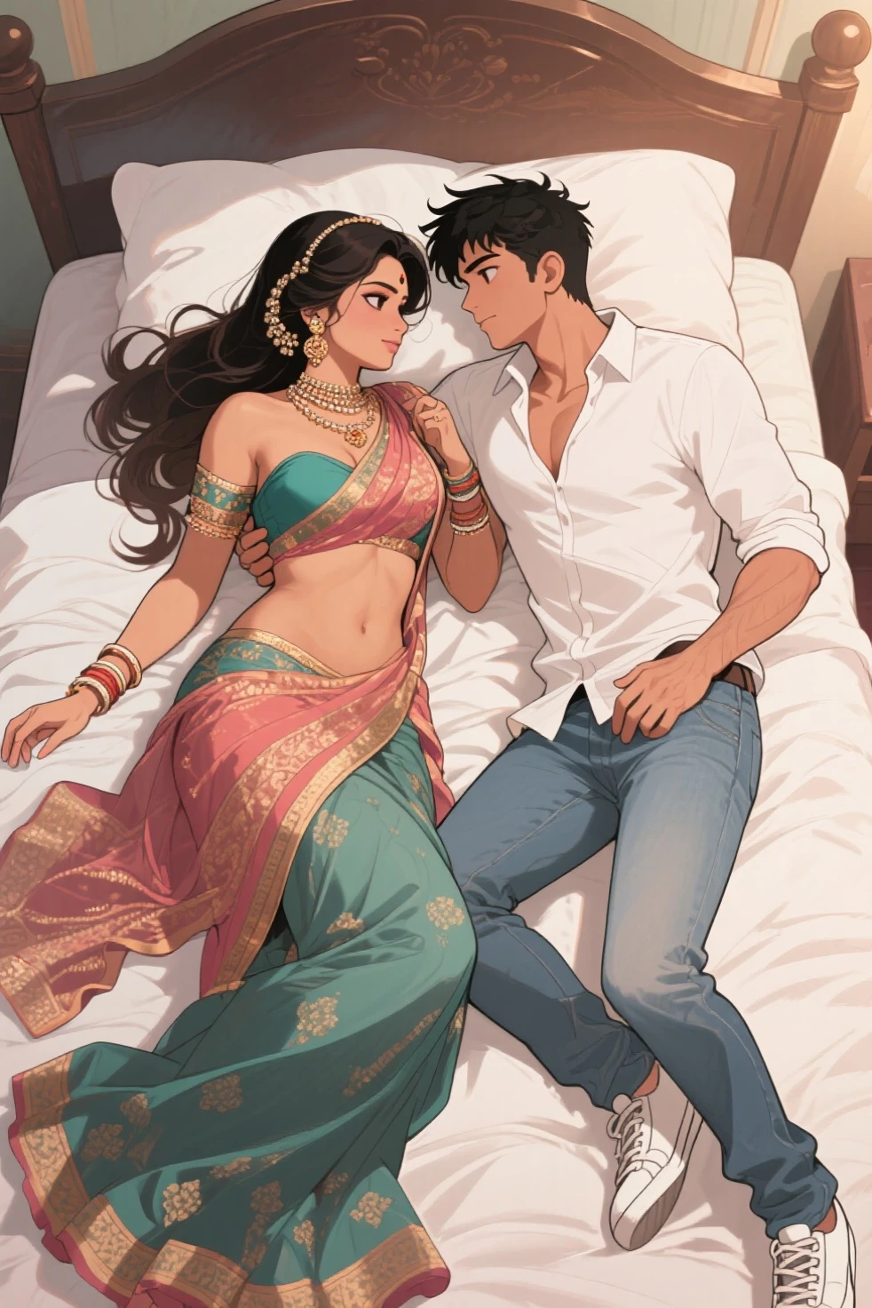 girl in sexy low waist saree, boy kissing her navel