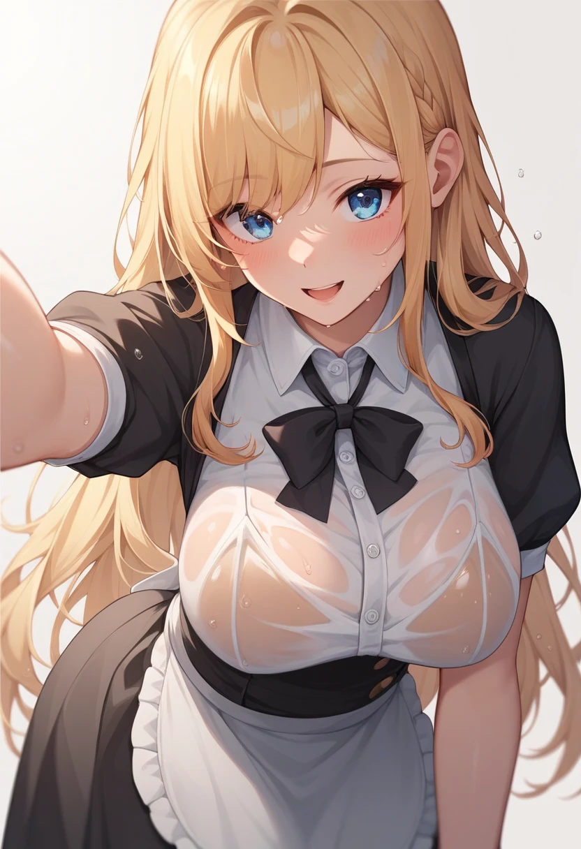in class room, 1girl, sitting on chair, exposed white bra from shirt, big breast BREAK black school uniform, blonde curly hair, twintail, hair bow, smile, look at viewer
