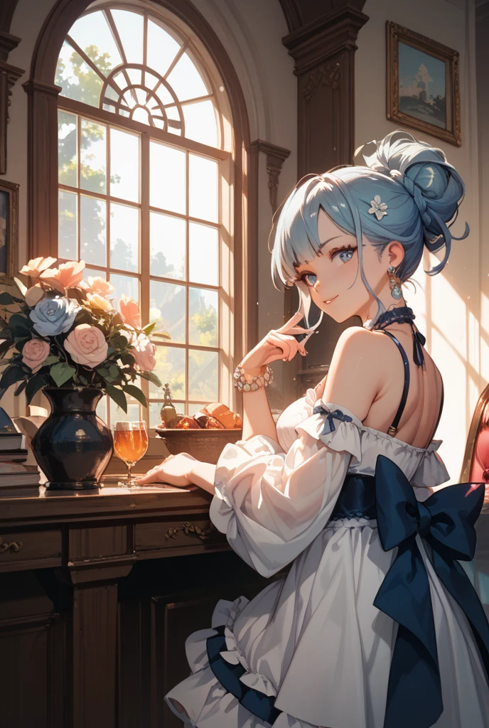 The art of cornflower, fantastic (pilyeon, masterpiece, best quality, (very detailed CG unified 8k wallpaper, masterpiece, best quality, super detailed, best shadow), (iridescent hair: 1.4), (detailed background), (beautiful detailed face, beautiful detailed eyes), one side braid, hair accessories, high contrast, (best illumination, an extremely delicious and beautiful), (girl:1.5), (white hair woman nightgown painting volegov carl larsson)), ((caustic, seductive, sexy, charming)), (sitting through the window)), dynamic angle, noble, elegant, beautiful details glowing with light, thighs, denim photos, narrow waist, wide hips, big breasts)