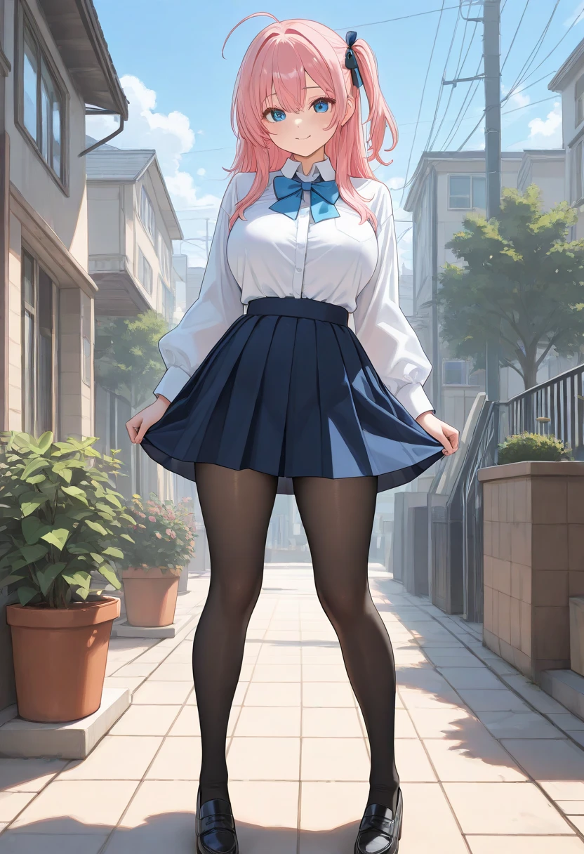 nakano nino, short hair, medium breast, slim legs, happy, cleavage, short skirt, navel, blue eyes, school uniform, thigh high socks, standing, class, pink hair
