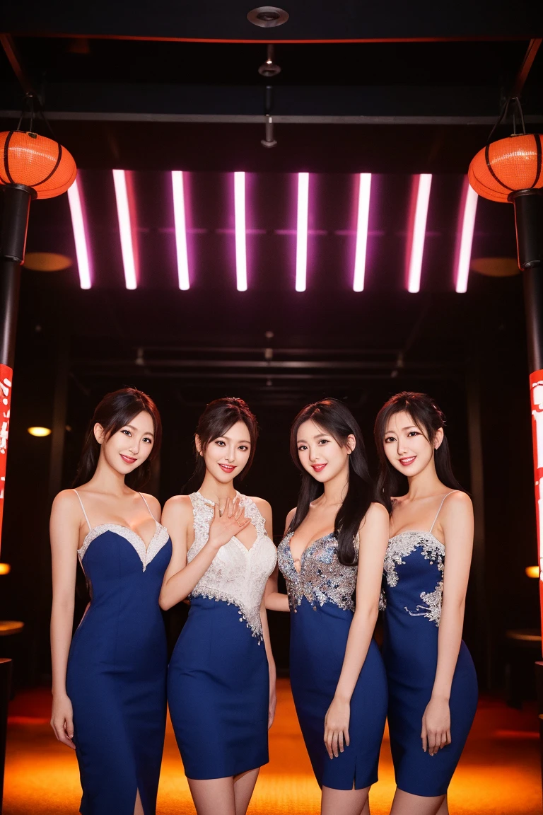 cinematic photography still 24 year old diverse women inside electronics store, three women wearing short rainbow dress and white gloves, facing camera, neutral face, highly detailed, studio lighting, (blur:0.72)