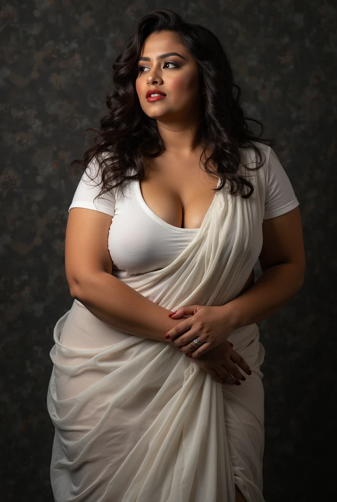 Looks like Sandeepa Dhar, a photo portrait of a beautiful girl 40 years old, mommy figure, fleshy figure, with curls, styled black hair, (face portrait:1.5), dramatic light, Rembrandt lighting scheme, bust shot, linen tank top , top quality editorial photograph, skin texture, skin pores, chocolate skin, high quality skin, top quality photography, professional photography, professional retouching, insane detailing, warm moody tones, modern clothes, highly detailed armpits, 