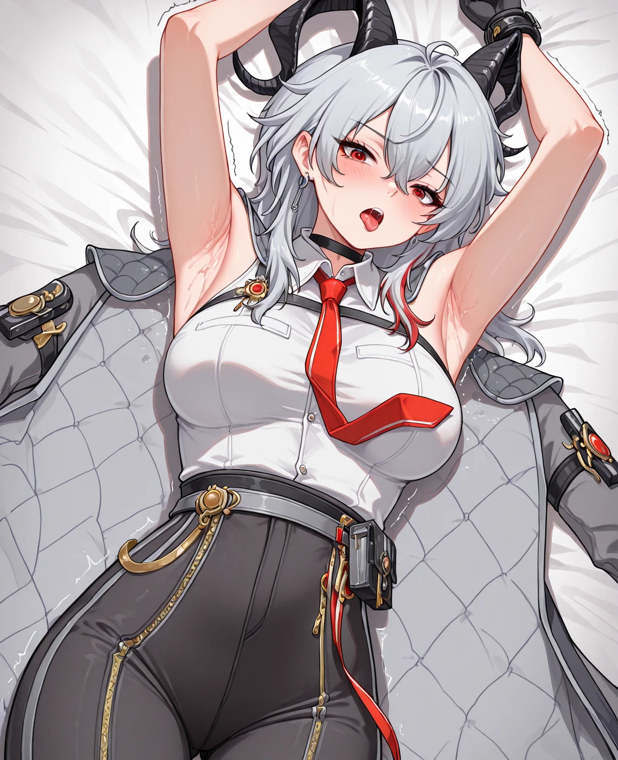 a close up of a woman, One dark red wing on her left Shoulders, arlecchino \(genshin impact\), 1girl, grey hair,multicolored hair, short hair,black eyes, x-shaped pupils,black gloves, long sleeves, grey jacket,grey bodysuit, black pants, Flat and serious expression, high quality, In the red boss match room, cool hair, Cool pose, gray eyes, white hair with black detailing hair, France city, tall, medium breast, (Belly Fat, muffin_top:1.5), (thick thighs, thick ass:1.1), (tight clothes, Belly Fat is whining, but she's got her clothes on somehow.:1.5), (sit:1.5), (Sofa, house windows:1.5),She has a jiggly, fat, round belly, her belly is fat and round, Tsk tsk, pregnant belly, big tummy, Elastic belly button, belly exposed, her belly button was exposed