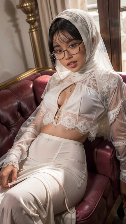 cowboy_pose,naughty, (iu:0.8),cleavage, RAW, Best quality, high resolution, Masterpiece: 1.3, Beautiful glasses pearl_skinned sexy hijabi javanese dressed as angel in heavenly light, Masterpiece, Soft smile,choker