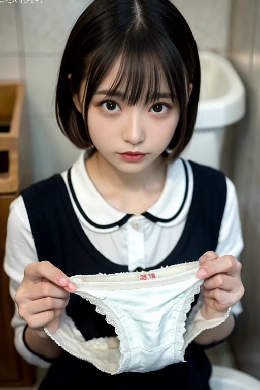 (japanes、girl with、A dark-haired、short-hair、straight haired、Hanging eyes、look at side)、(NSFW、blazers、School Uniforms、(undergarment))、tucking up the skirt、Sitting on a train chair、low angle shot、Low position、masutepiece、4K、8K,Photoreal Stick