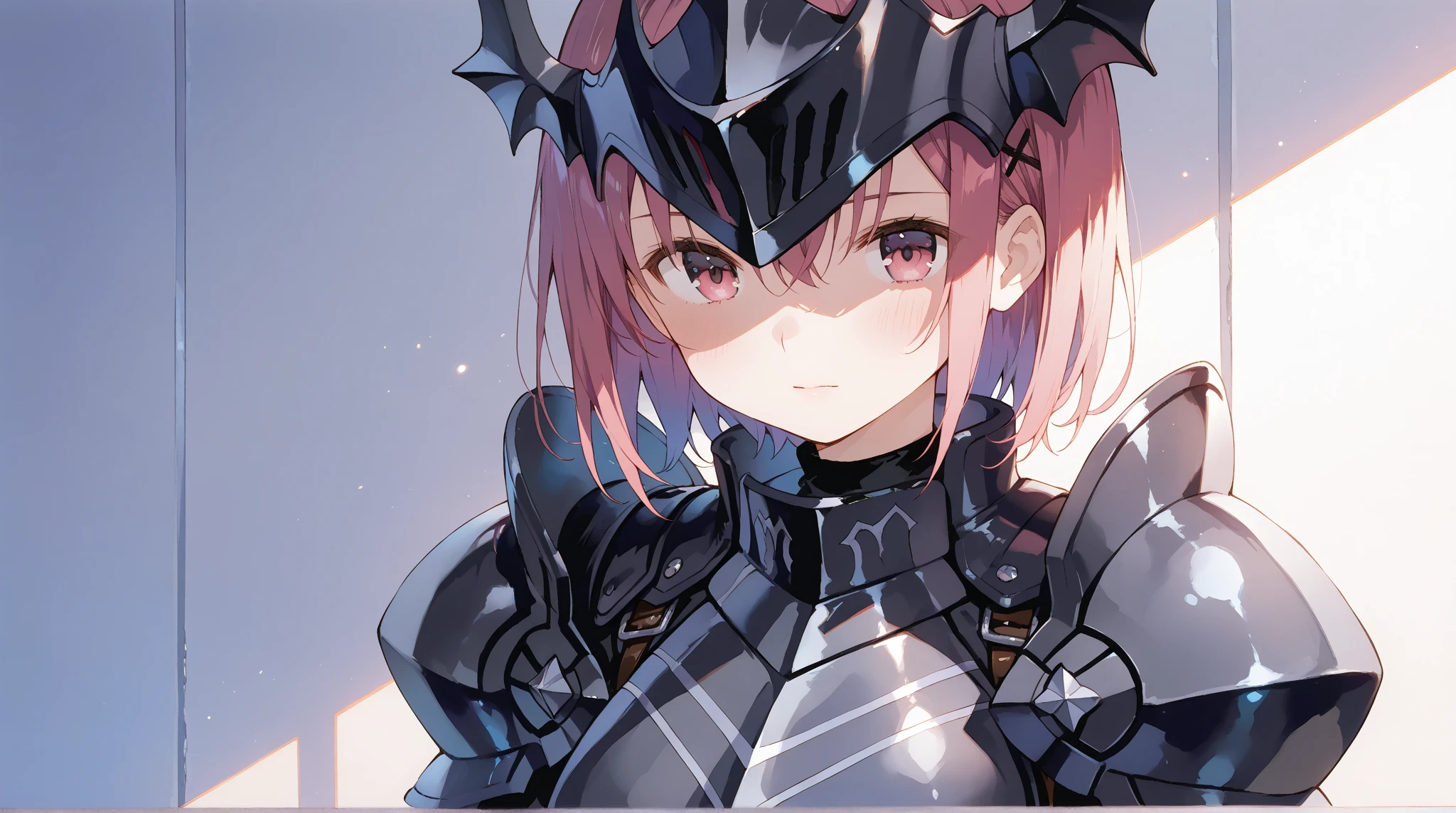 1girl ,pink eyes,hair ,beautiful clothes, armor, (high resolution, high detail, best quality),blank background, alone, medium breasts,gentle, attentive, dedicated