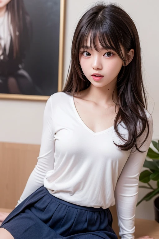 Create a close-up image of a beautiful Japanese woman with a seductive smile.。She was only wearing a large T-shirubtly shows off the curves。Long hair、Flowing, shiny black hair。The background is a softly blurred, intimate interior、The warm lighting highlights her features.。The makeup is perfect、Particular emphasis is placed on the eyes and lips to bring out her charm.。Confident、She has a slightly mysterious look、Exudes elegance and charm。The T-shirt hangs loosely around her body.、Try to keep it casual yet sexy。