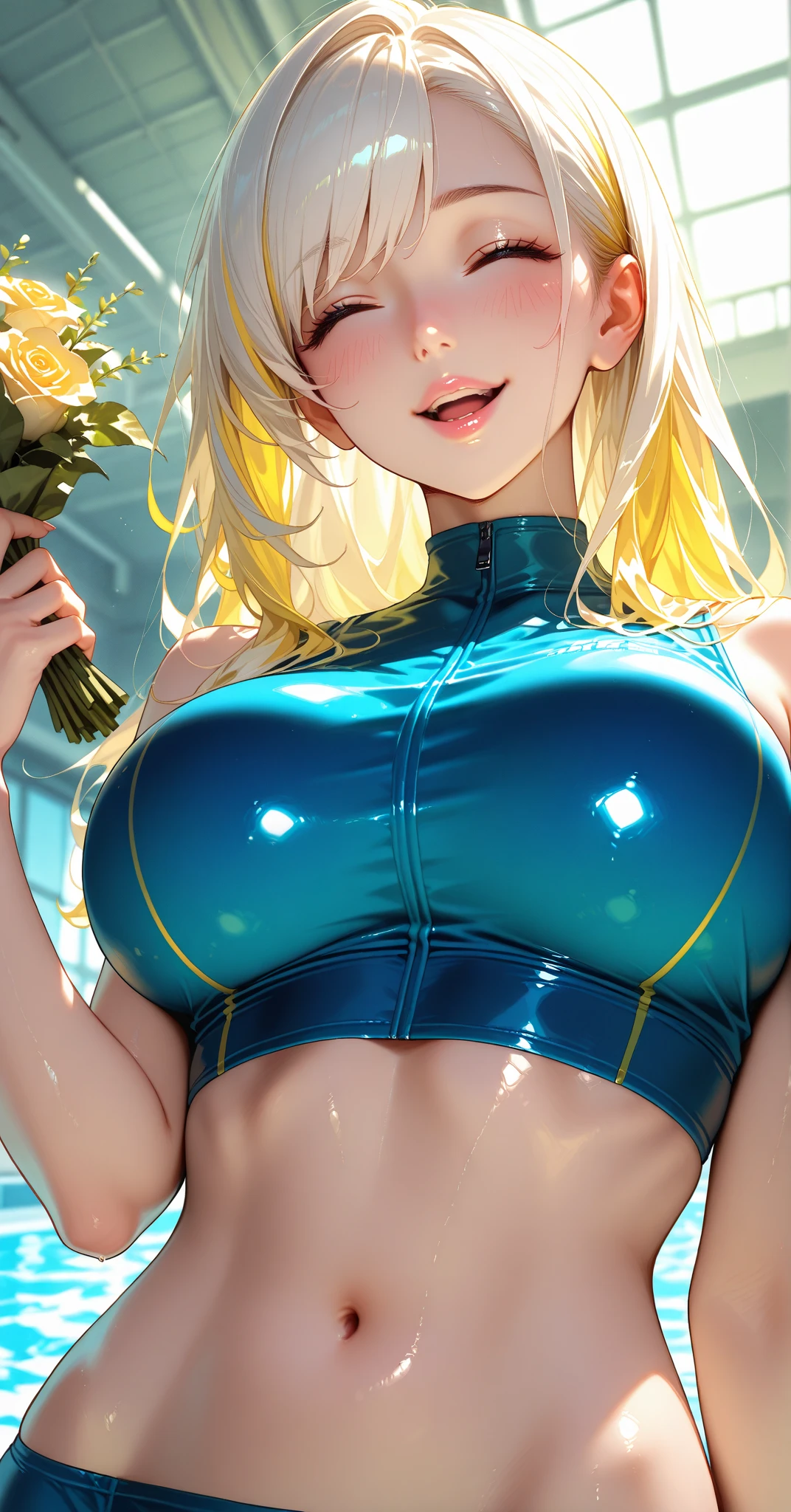 1 girl, solo, Big breasts, curvy, realistic, blonde hair, green and blue eyes, amazing big eyes, eye details, eyebrow details, big lips, blush, confident, dominant, bdsm, HD, good quality, crop top, shorts latex