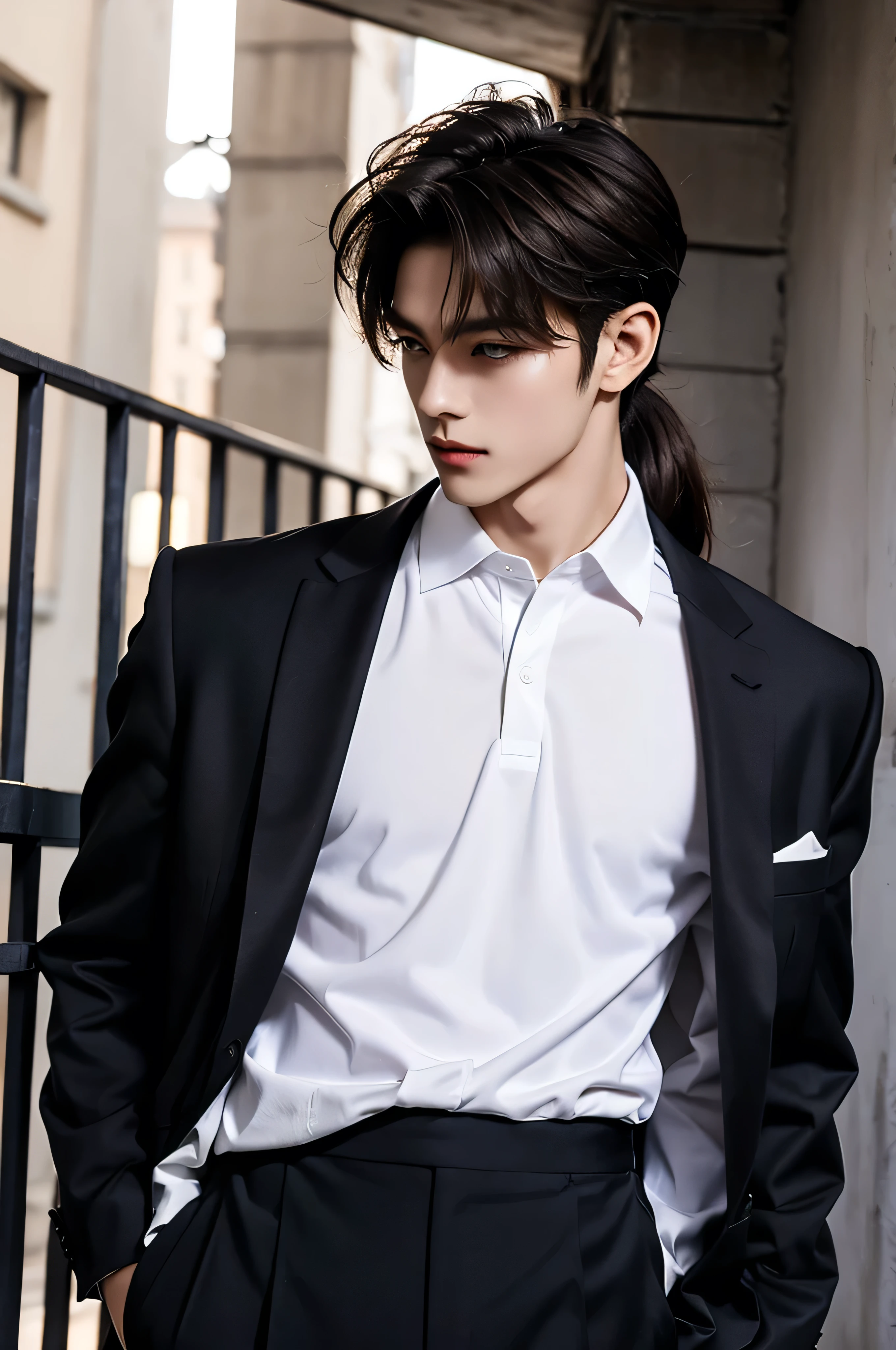 young prince, city landscape, lumetric lighting, 8k resolution, photorealistic, ultra-high quality, opulent detailed background, medium length dark brown hair, messy ponytail, wearing a polo shirt with a sports jacket, wearing long pants, ((Medium Wide Shot))