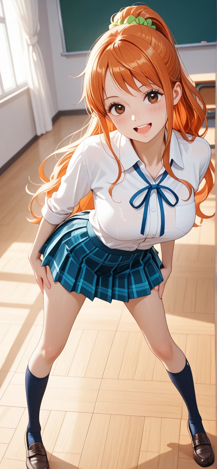 One girl, masterpiece, cute girl, looking back, white underwear, orange hair, long hair, school uniform, white shirt, blue tartan check short skirt, white knee high socks, pussy juice, large breasts, detail, 4k, sexy, good pupil, 4k, detailed