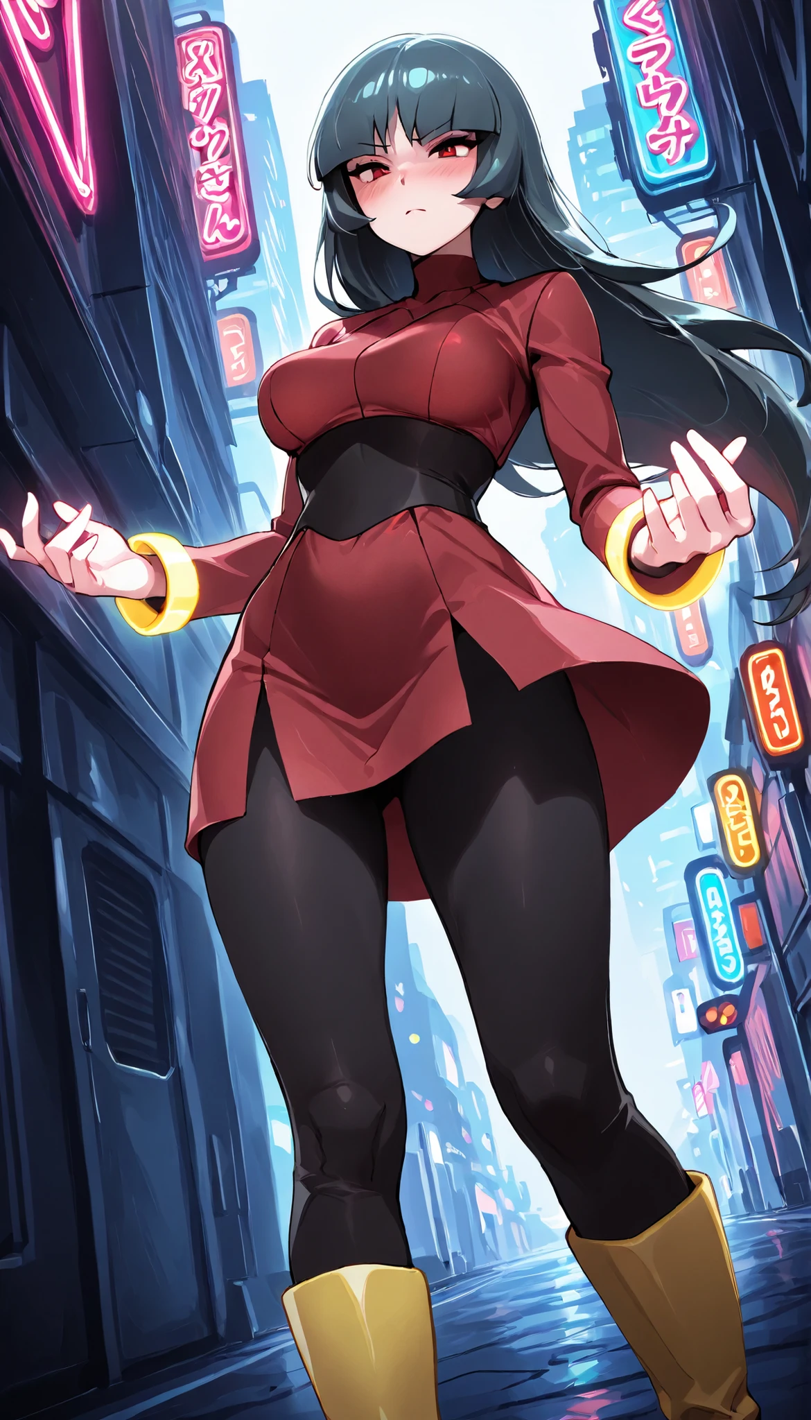 (masterpiece、highest quality: 1.2)、Pokémon、Jujube、big tits milf、big tits milf、big tits milf、Yamabuki City Gym Leader、エスパータイプPokémonの使い手、esper girl、superpower、Fudin's psychokinesis、Long straight hair with bangs and black hair solo、sabrina、Pokémon、long hair、purple hair、dull bangs、red eyes、red sweater dress、(white gloves: 1.2)、Black sash、(black leggings: 1.1)、 (body suit:1.1)、pantyhose、big breasts、knee boots、simple background