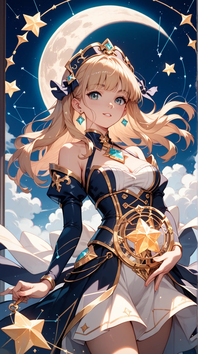 (masterpiece, best quality), ((1girl, (mature female) long hair), (star-shaped pupils, +_+, symbol-shaped pupils, sparkling eyes)), (looking at viewer, light smile, off shoulder), (multicolored background, abstract background, chromatic aberration),